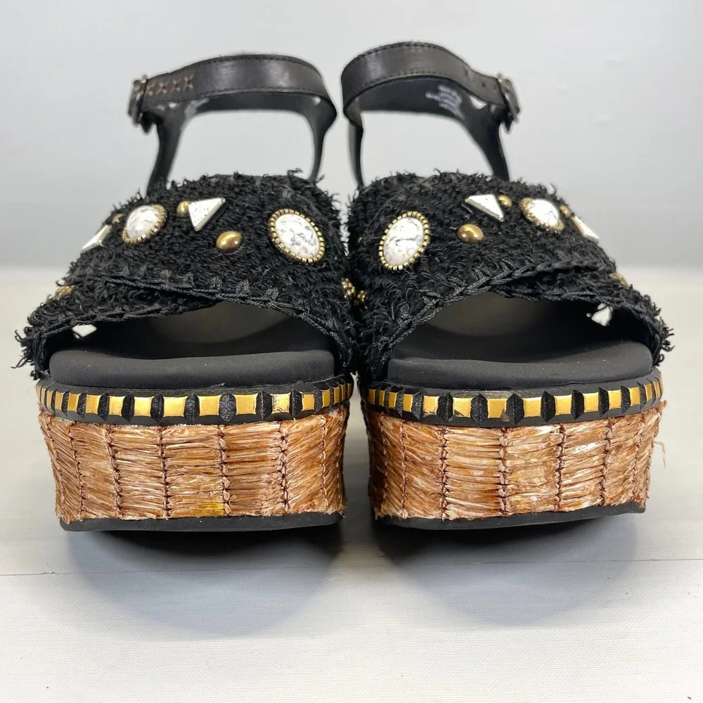 OTBT Cahoot Wedge Sandals Womens Size 8 M Black Leather Raffia Beaded Platform